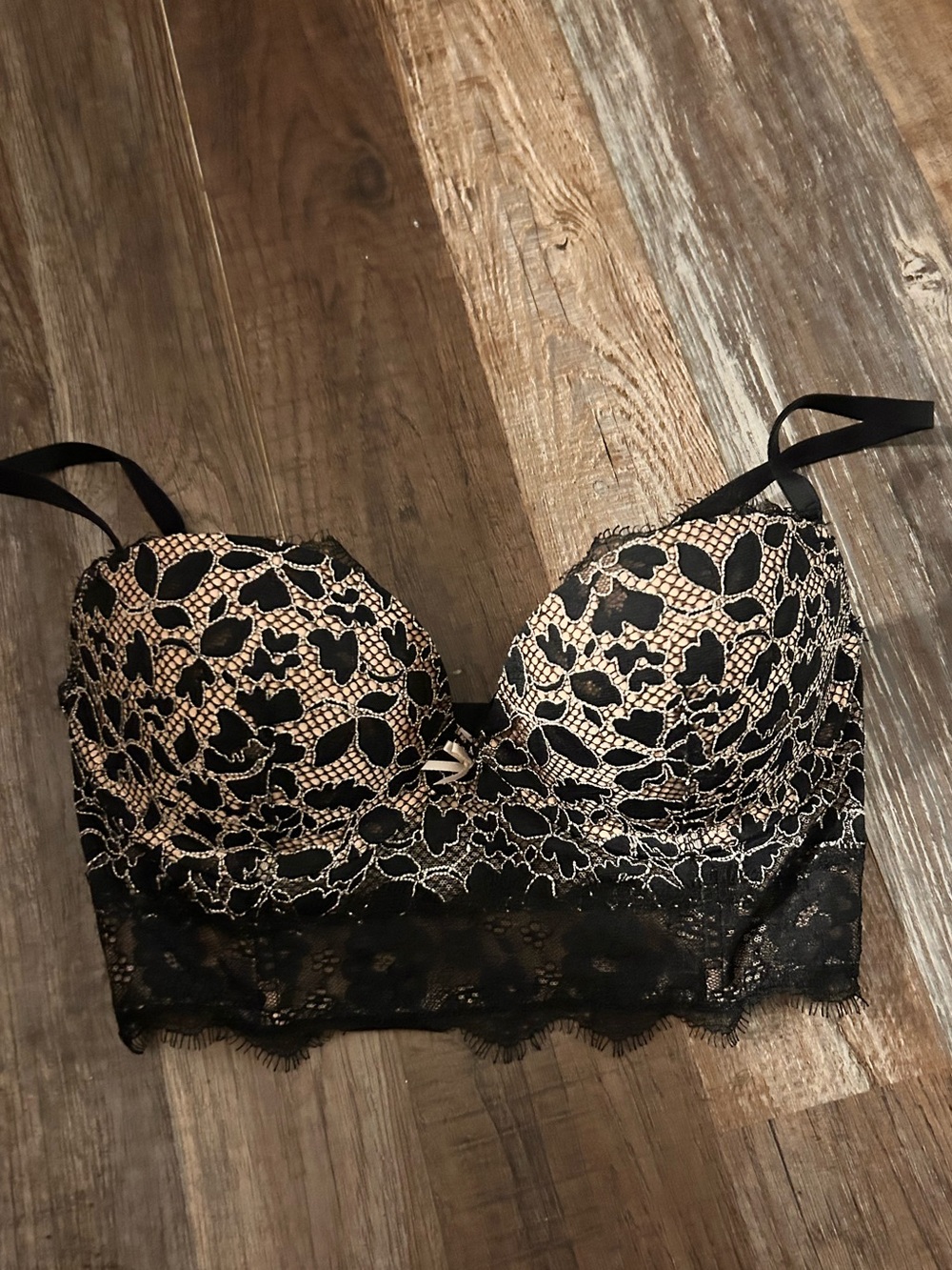Victoria's Secret Beige Black Lace Dream Angels Padded Demi Bra 32D